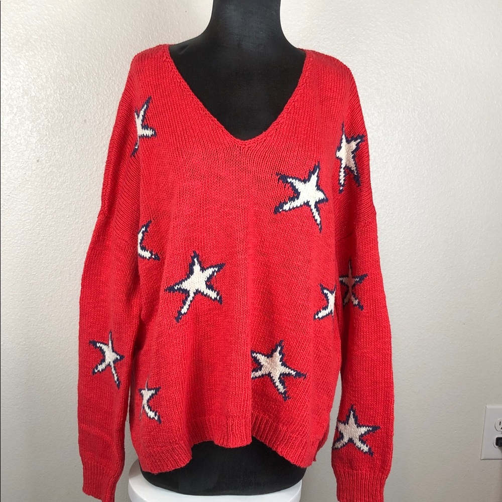 Pink Lily Sweater V-Neck Long Sleeve Star Knit Size Medium
